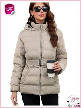 Fleece-Lined Hooded Puffer Jacket Belted Quilted Coat